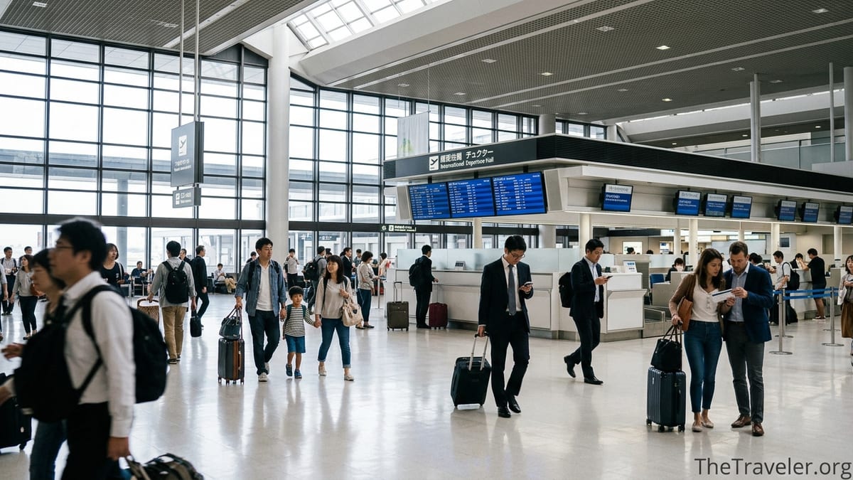 Travelers walking through Tokyo Narita Airport departure hall near check-in counters.