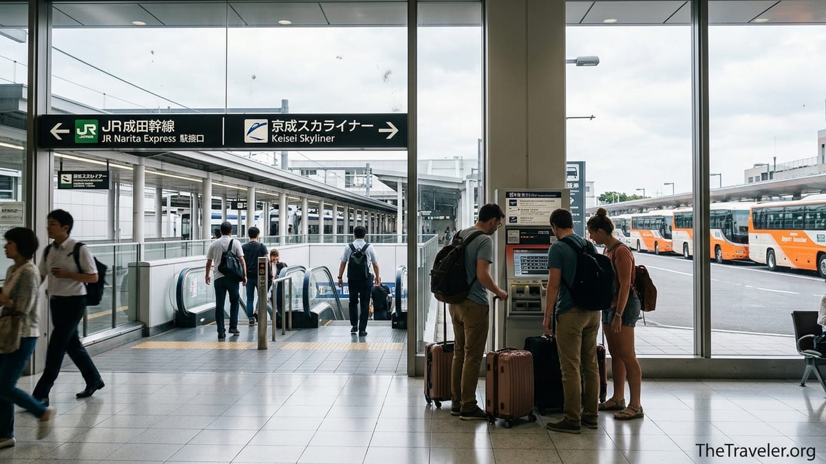 Travelers at Narita Airport choosing between train and bus into central Tokyo.