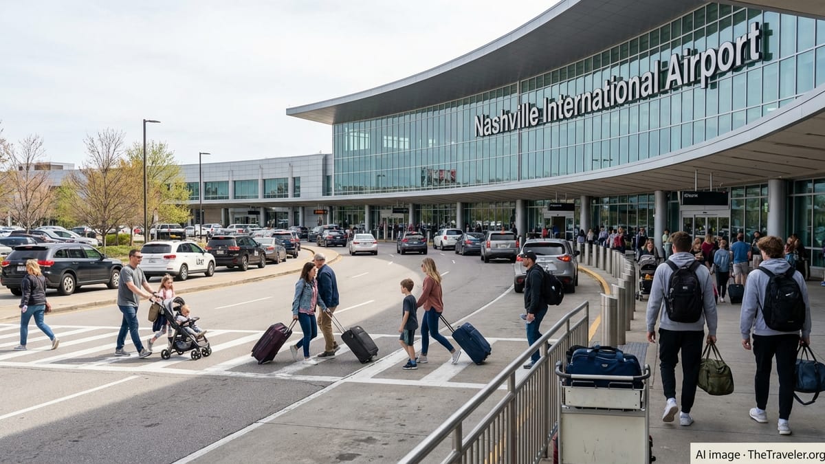 Travelers and cars line the departures curb outside Nashville International Airport during busy spring travel.