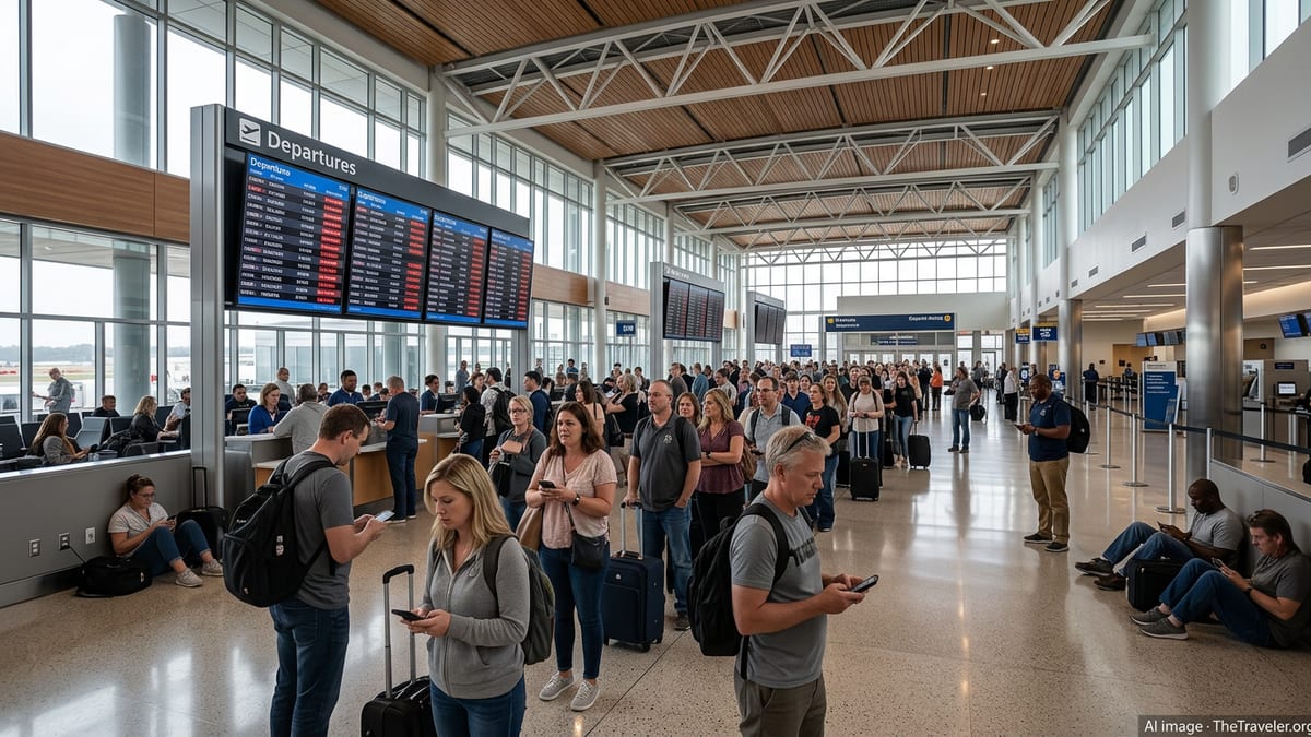 Crowded Nashville airport terminal with travelers studying a departure board full of delays and cancellations.