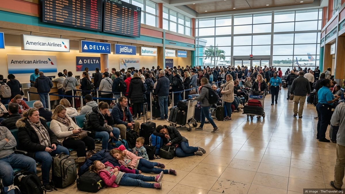 Crowded Nassau airport terminal with stranded passengers waiting amid delayed and cancelled flights.