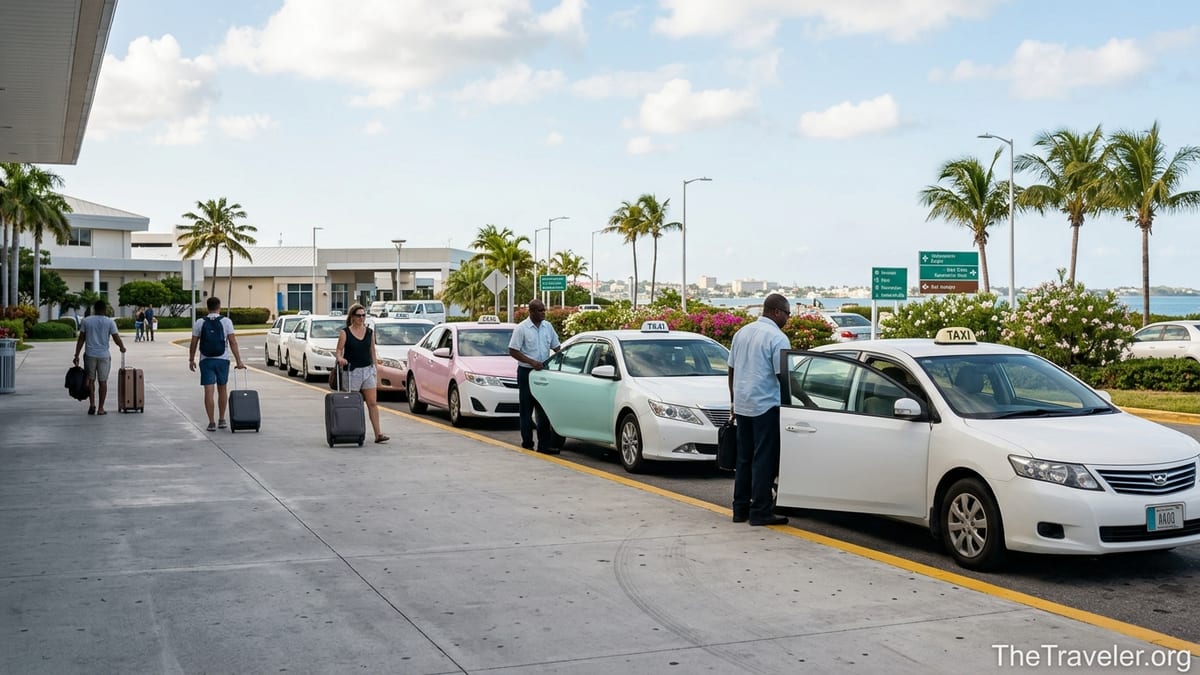 Taxis waiting outside Lynden Pindling International Airport in Nassau on a sunny day
