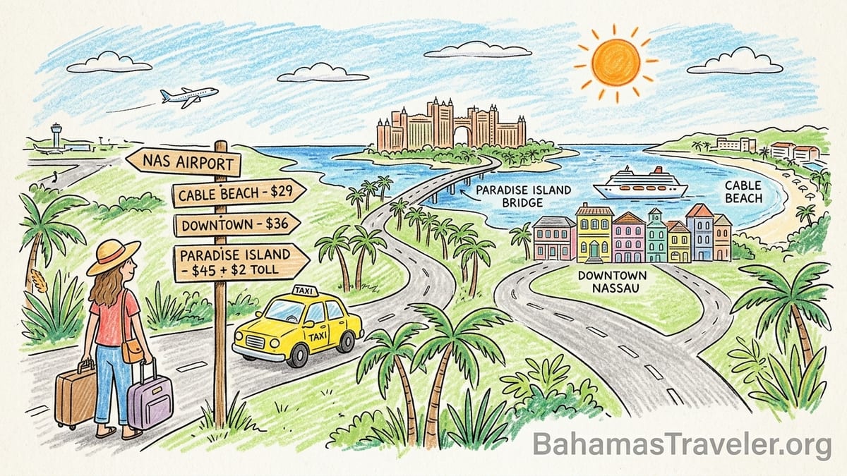 Taxi queue outside Nassau airport with traveler loading luggage for a ride to Paradise Island and Cable Beach.