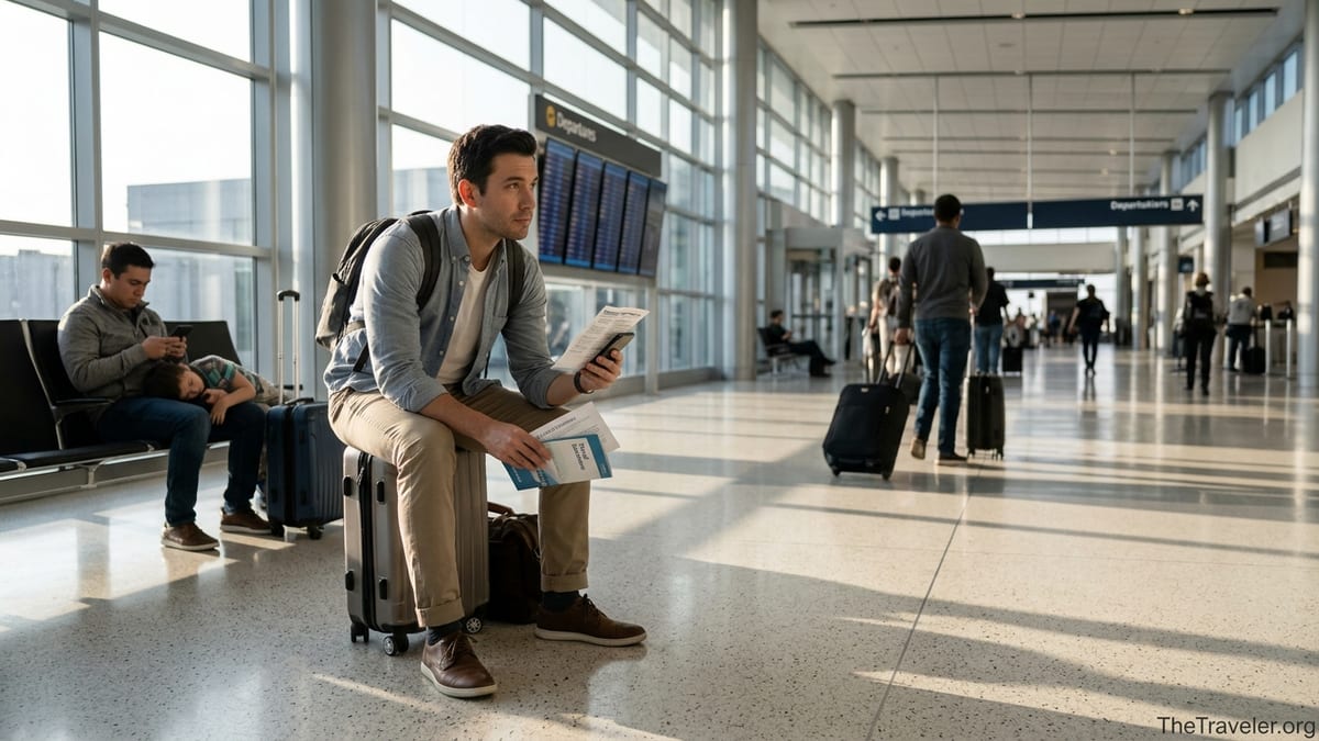 Traveler reviewing insurance documents in a bright airport terminal after flight disruption