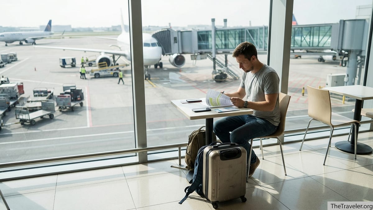Traveler reading insurance papers at an airport gate with suitcase and planes outside window.