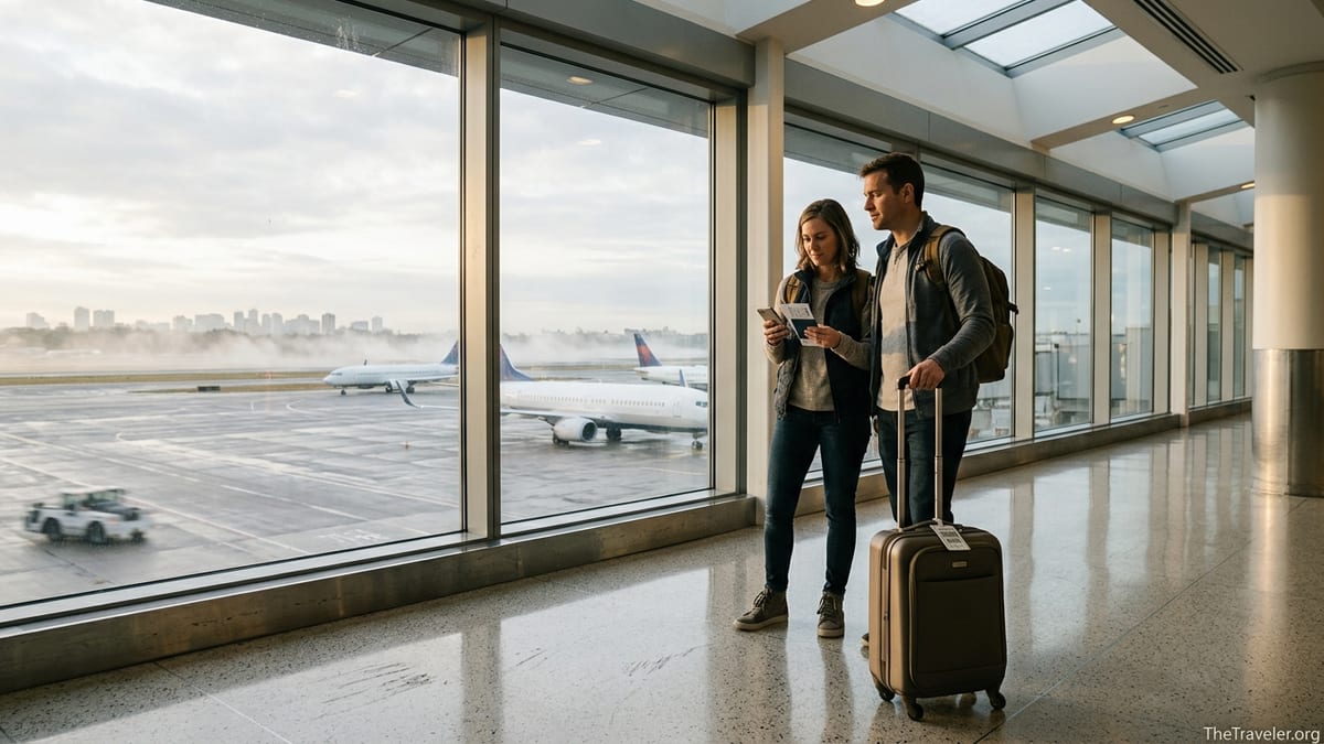 Couple reviewing travel documents at an airport window with planes on the runway.