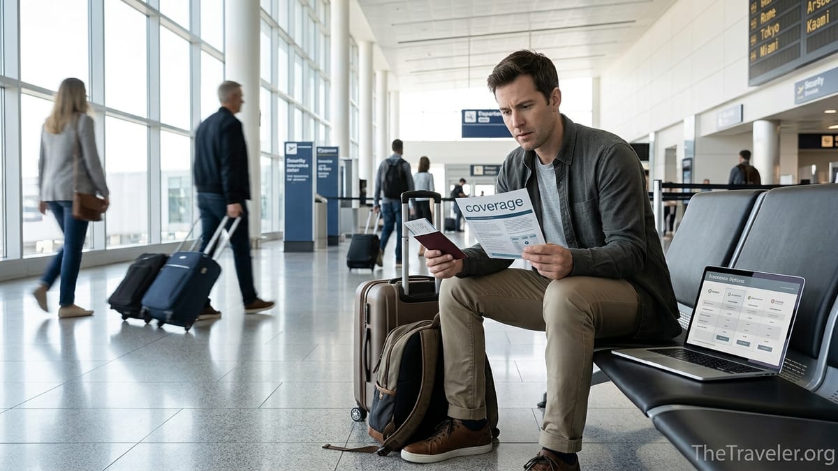 Traveler in an airport reviewing travel insurance documents with suitcase and laptop.