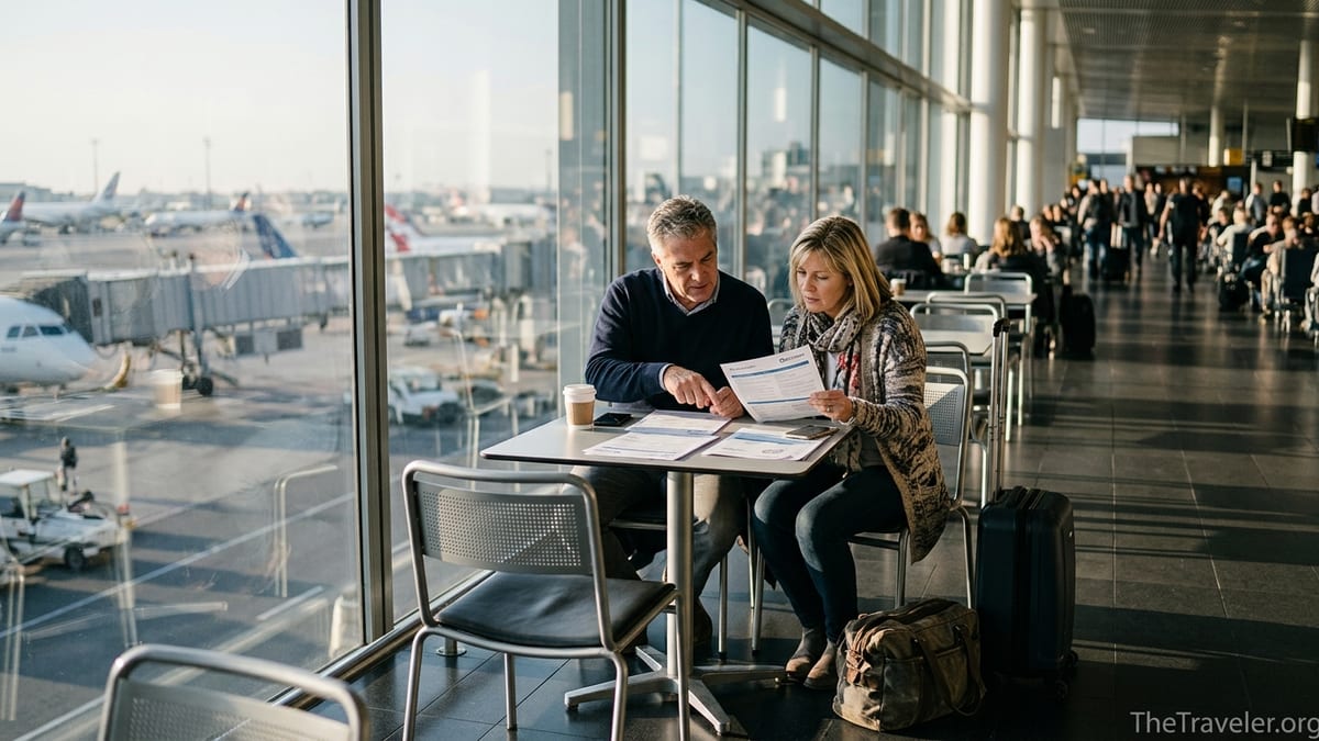 Travelers at an airport table comparing travel insurance papers before a flight.