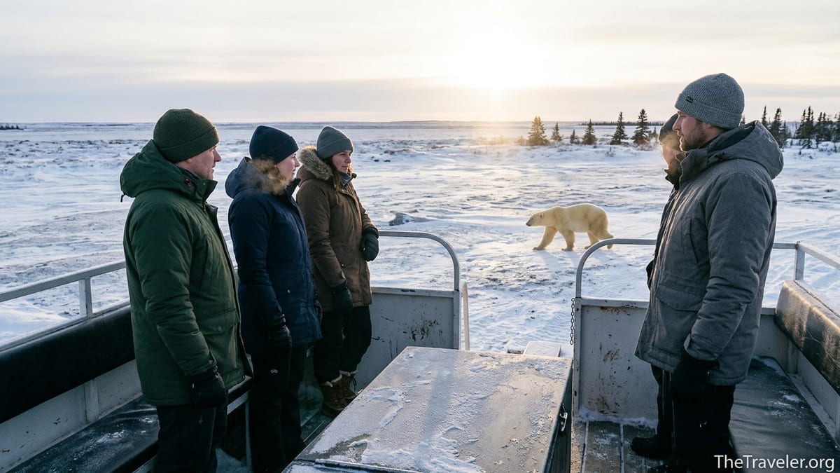 Travelers on a tundra vehicle watching a polar bear on snowy Arctic tundra near Churchill.