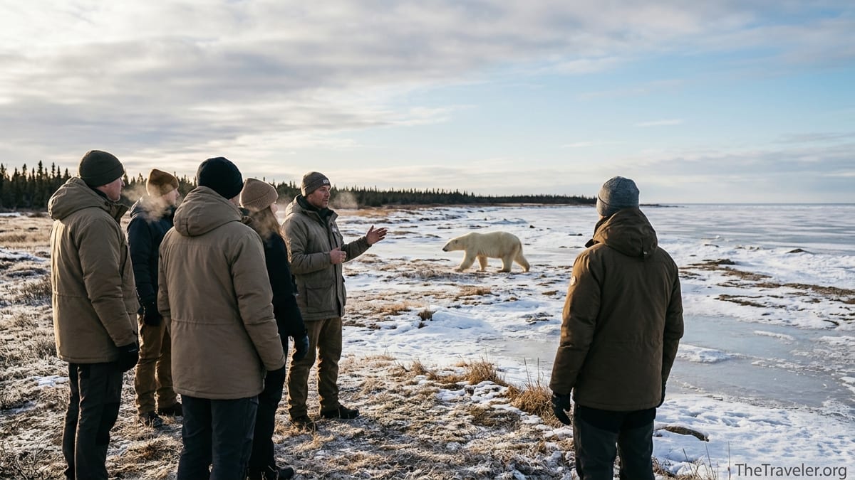 Travelers with a naturalist guide watch a polar bear crossing the tundra near Hudson Bay.
