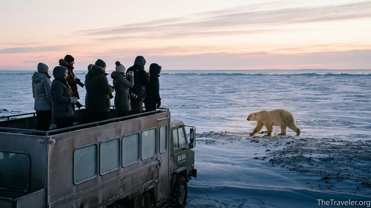 Travelers on a tundra vehicle watching a polar bear on snowy Hudson Bay at dusk