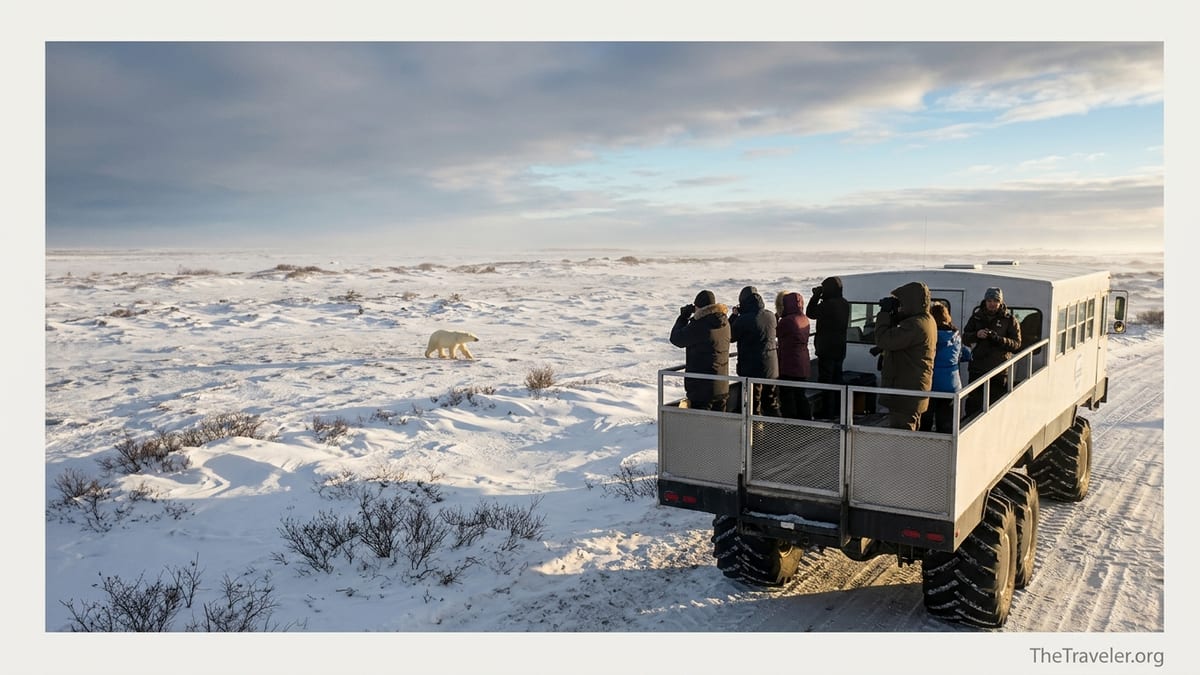 Travelers in a tundra vehicle watching a polar bear cross the snowy Canadian tundra at sunset.