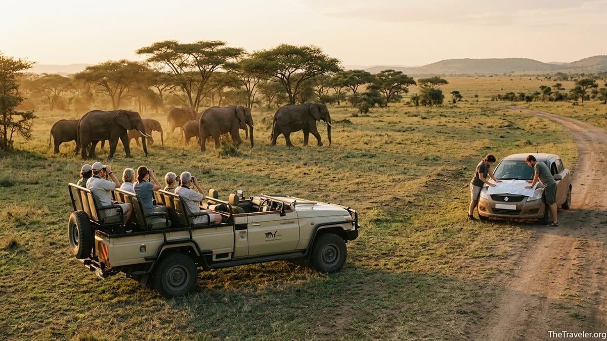 Safari vehicle and rental car watching elephants at sunset on an African savanna
