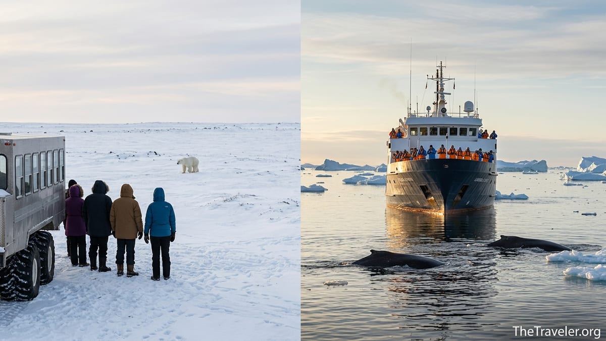 Small group on Arctic tundra and an expedition ship watching whales among icebergs at sunset.