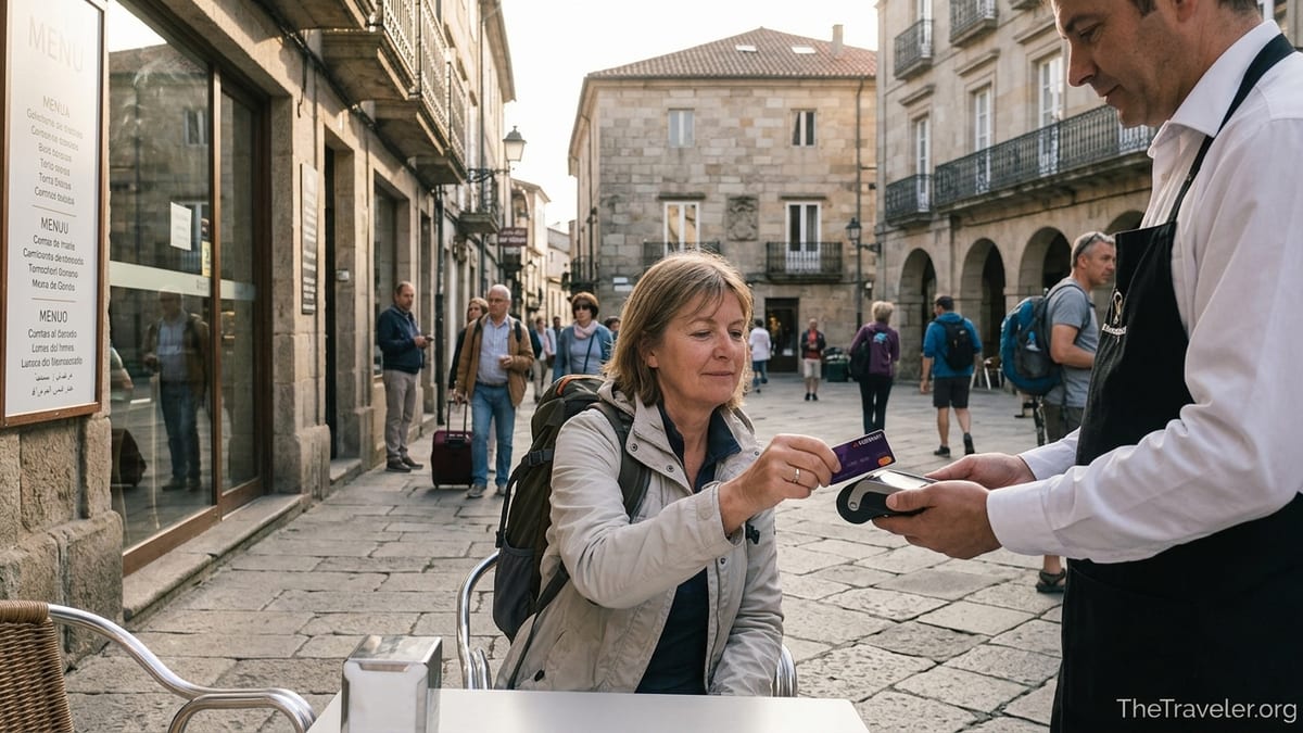 Traveler paying with a credit card at a European café, saving on foreign spending.
