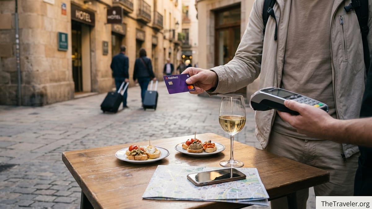 Traveller in an airport café checking their NatWest card on a phone before a flight.