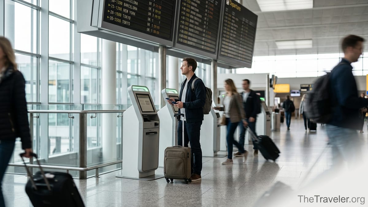 Traveller in a European airport holding a credit card and phone near departures.