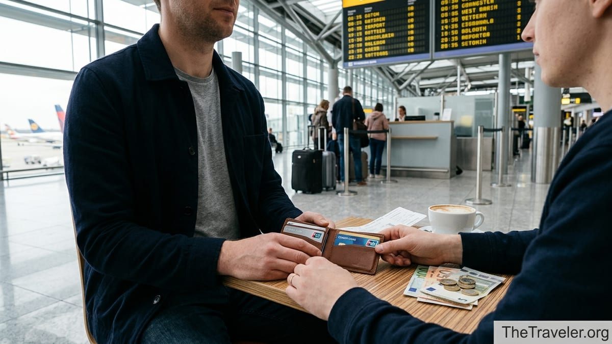 UK traveller at an airport café comparing two travel credit cards beside euros and a boarding pass.