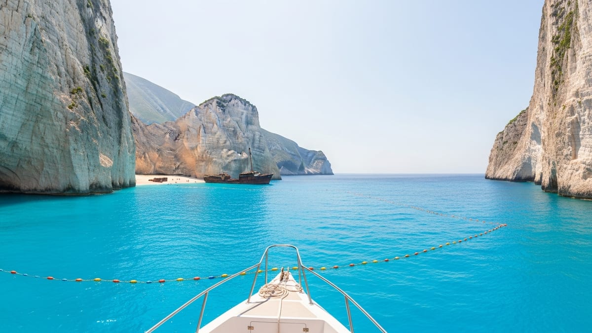 Sightseeing boat viewing MV Panagiotis at Navagio Beach, Zakynthos, Greece.