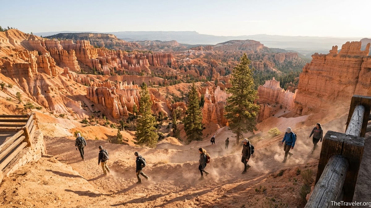 Hikers descending the Navajo Loop Trail among Bryce Canyon hoodoos at sunrise.