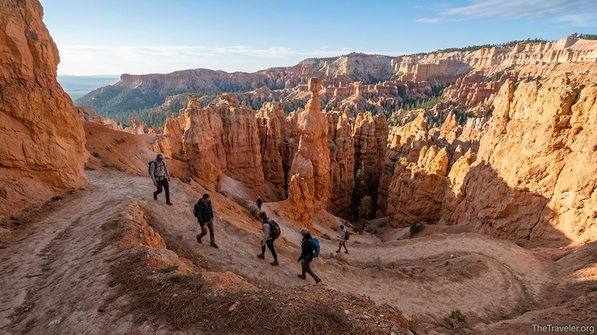 Hikers on the Navajo Loop Trail descending switchbacks among hoodoos in Bryce Canyon at sunrise.