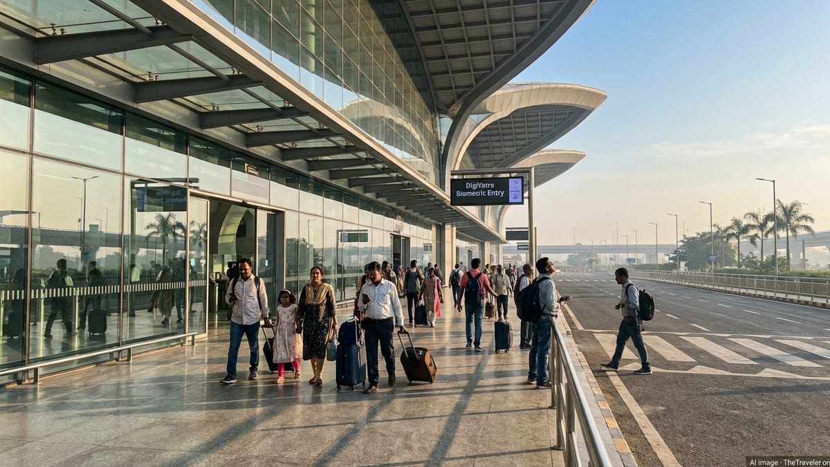 Passengers approach the glass-fronted Navi Mumbai International Airport terminal in soft morning light.