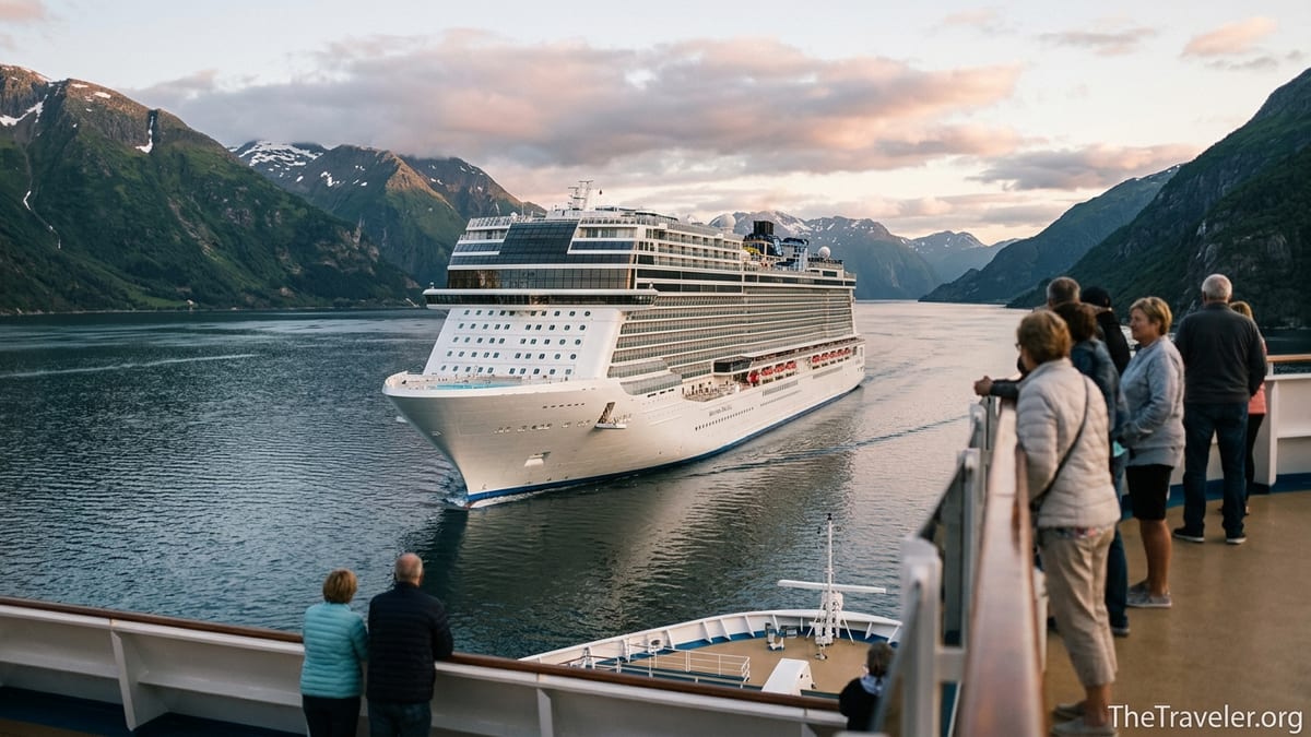 Norwegian Cruise Line ship sailing past mountains at sunset with passengers watching from another deck.