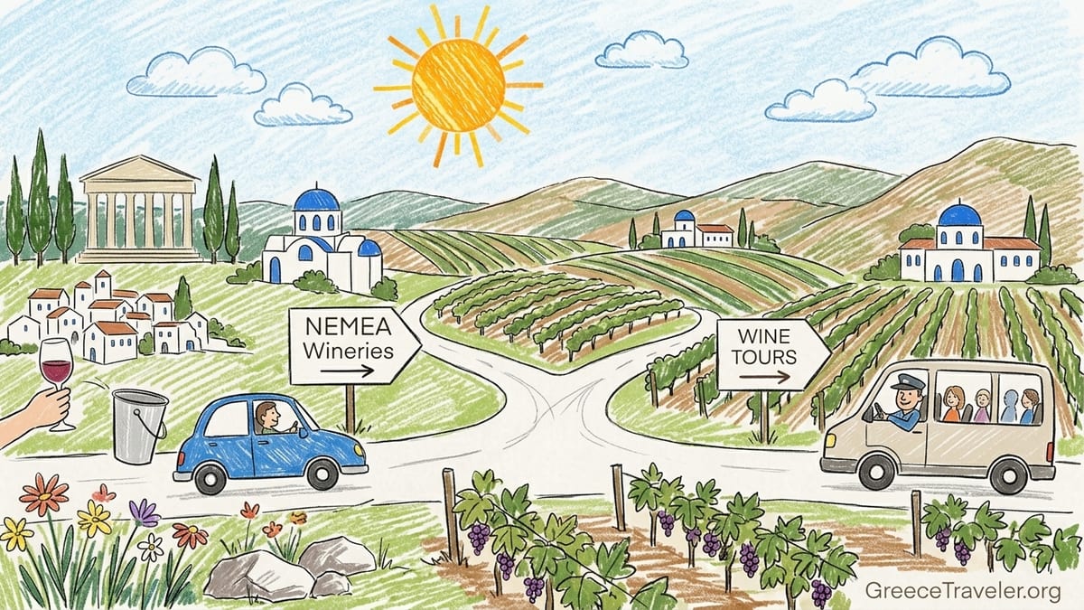 A traveler holds a glass of ruby Agiorgitiko overlooking vineyard rows in Nemea, Greece at golden hour.