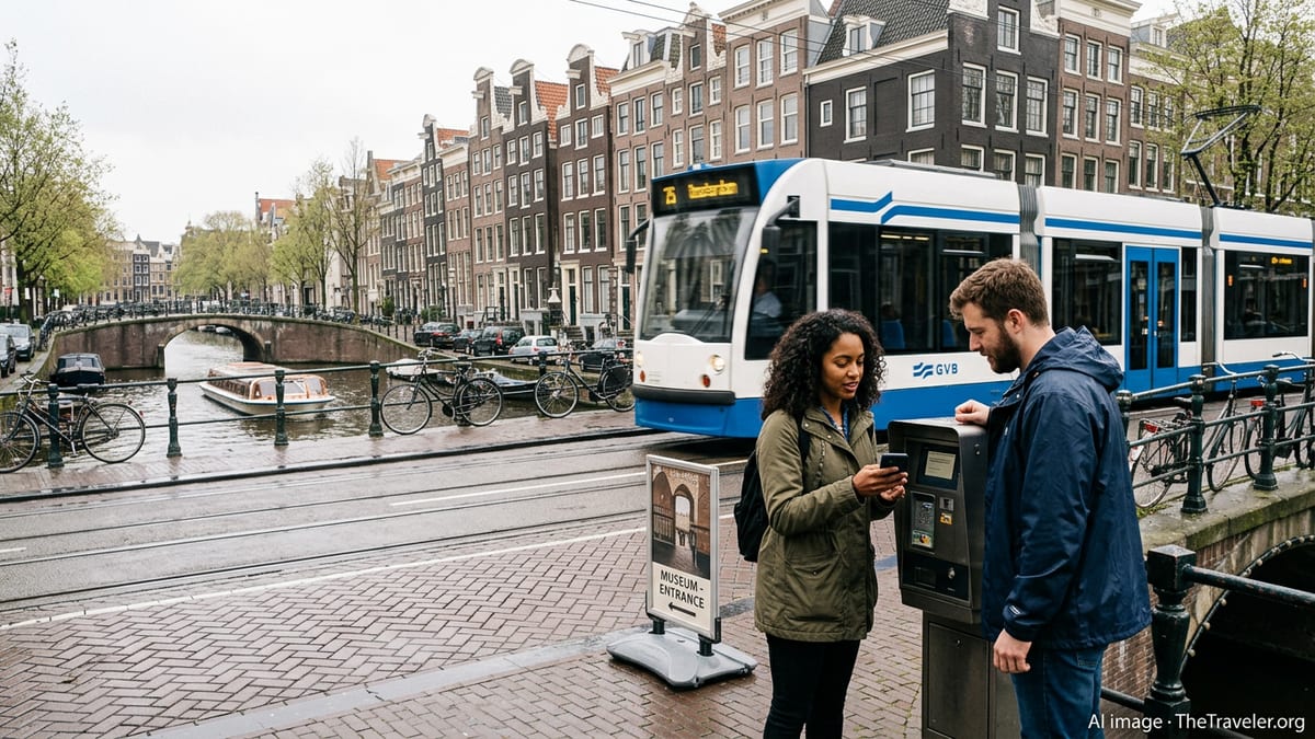 Tourists in Amsterdam checking a city pass on a phone beside a tram and canal houses.