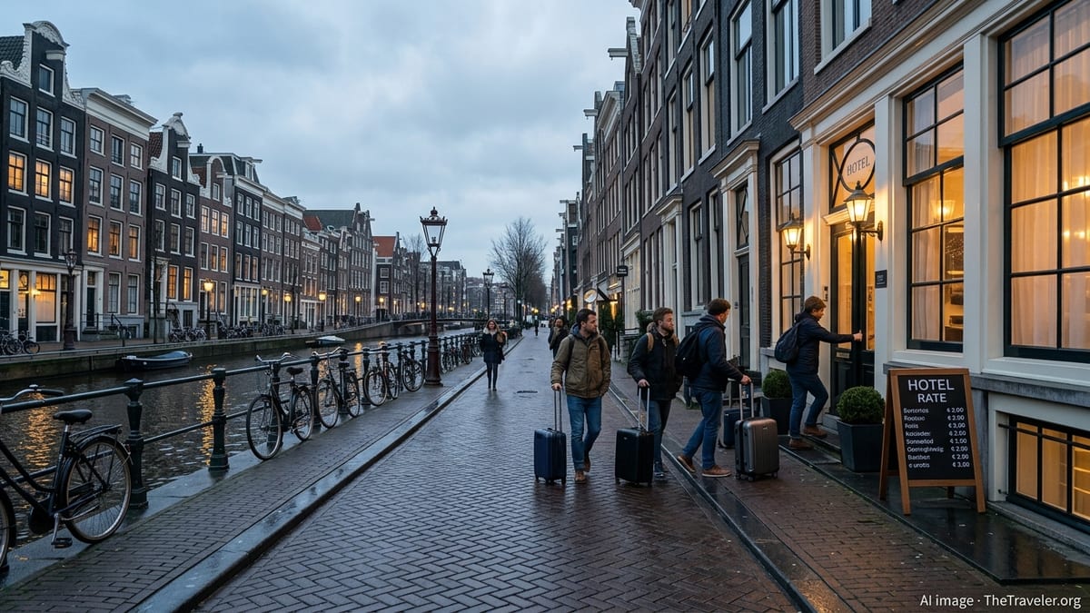 Travelers with suitcases outside a small hotel on an Amsterdam canal evening street.