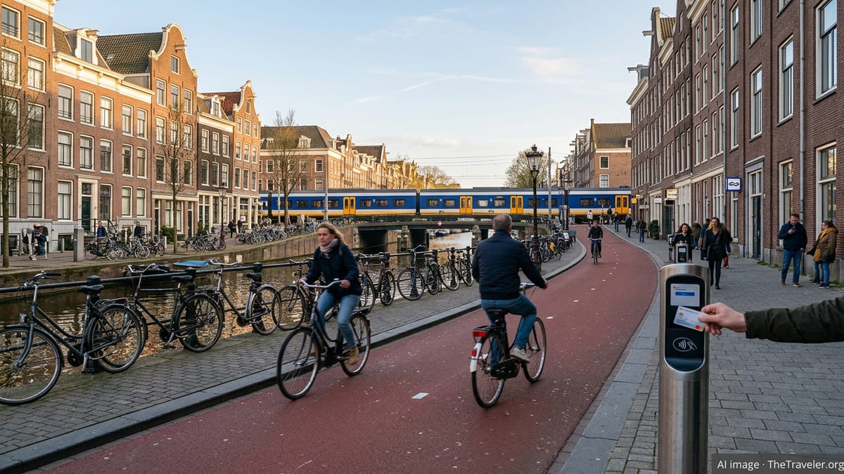 Cyclists and a train near a Dutch canal as a traveler taps a card on a check-in pole.