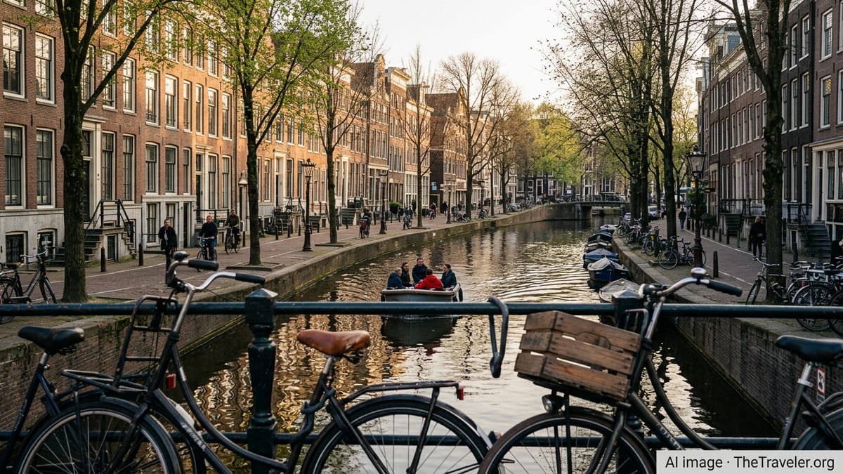 Spring evening view of an Amsterdam canal with bikes on a bridge and canal houses glowing in soft sunlight.