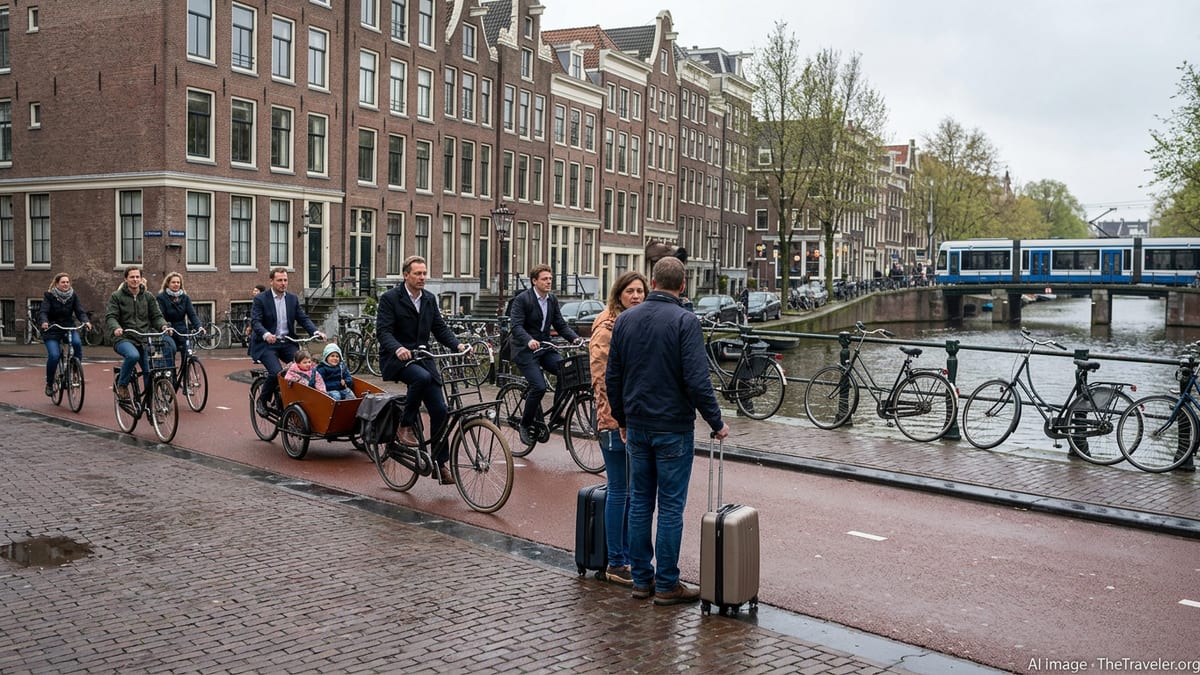 Tourists hesitating at a bike lane as cyclists pass along an Amsterdam canal street.