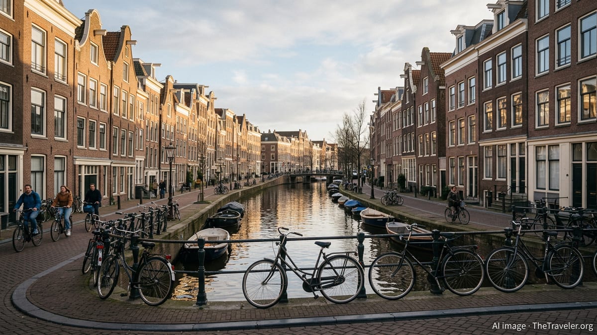 Golden hour view along an Amsterdam canal with historic houses, bikes and boats.