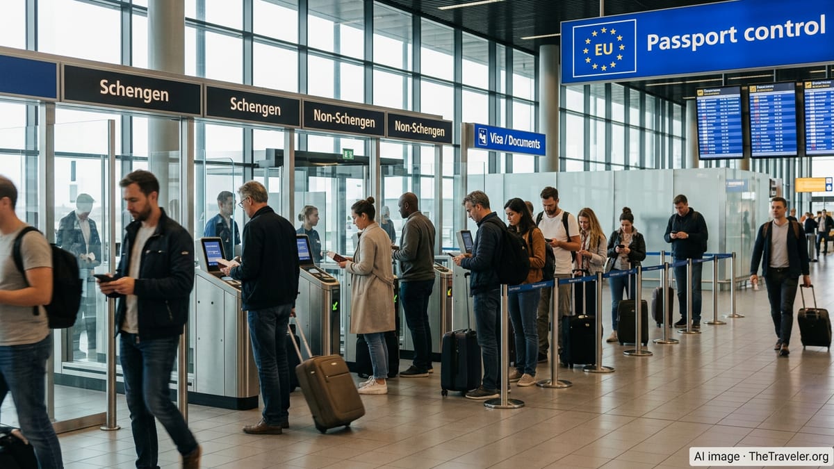 Travelers queue at automated passport control in Amsterdam Schiphol Airport departures hall.
