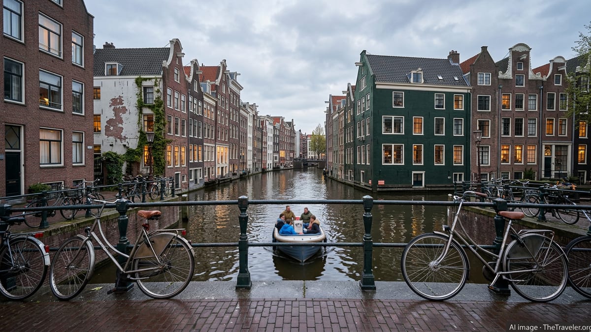 Early evening view of a Dutch canal with bicycles on a bridge and historic houses reflecting in the water.