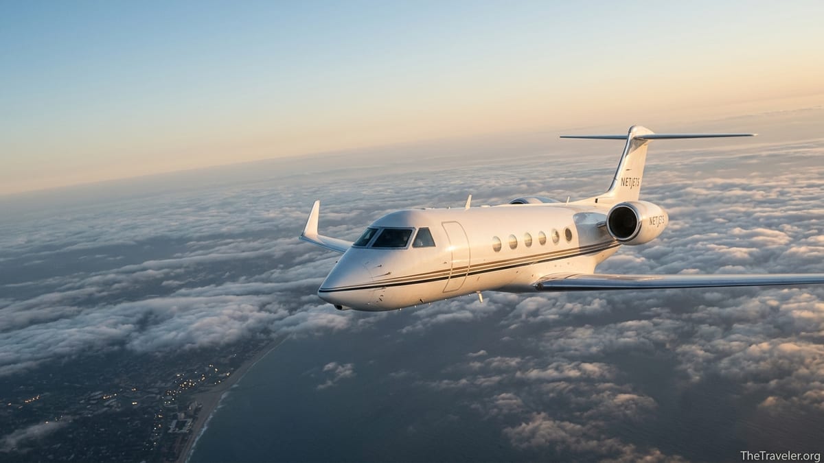 Private jet cruising above clouds at golden hour, photographed from another aircraft.