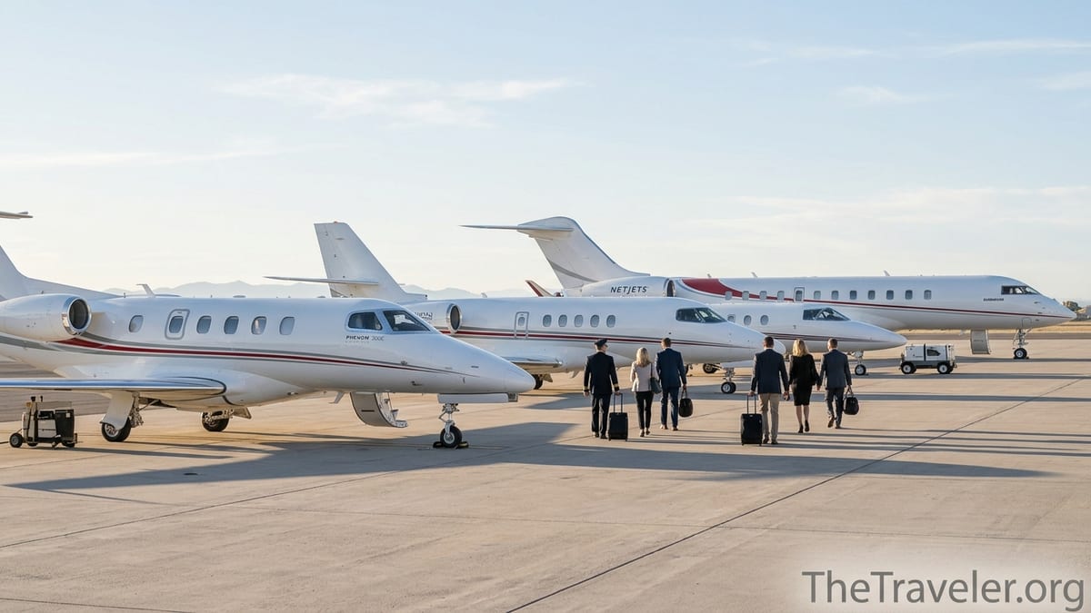 Line of NetJets private jets of different sizes parked on a sunrise tarmac.