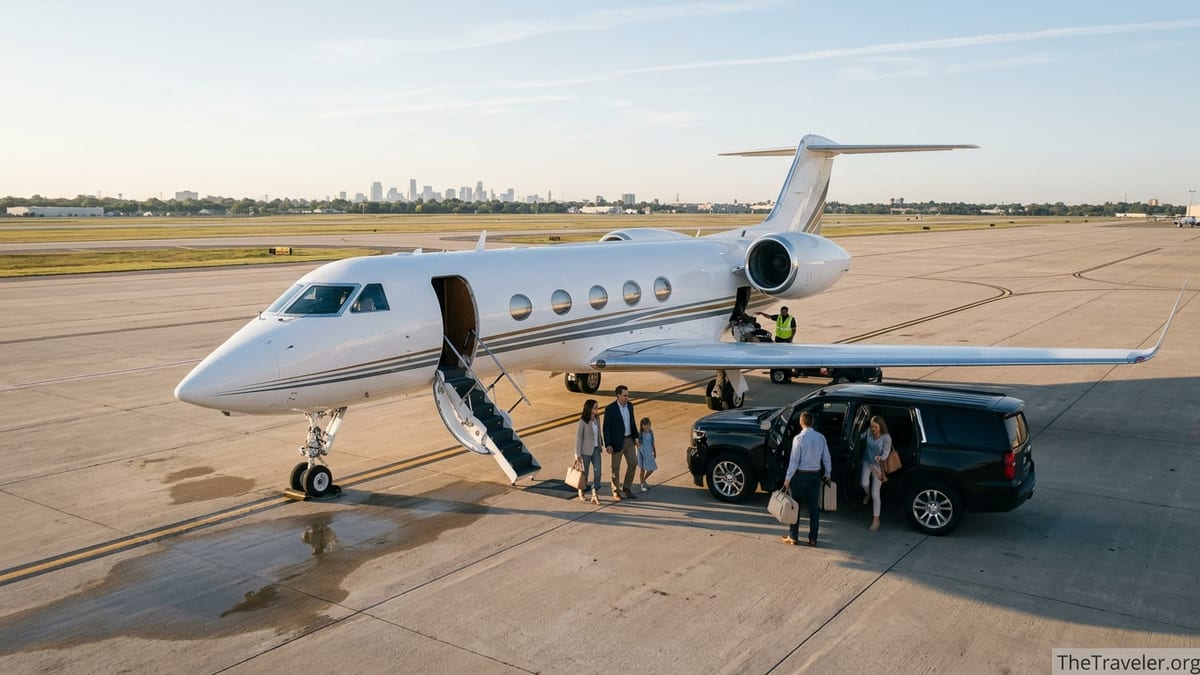 Traveler and family boarding a private jet from an SUV at sunrise on a quiet airport ramp.