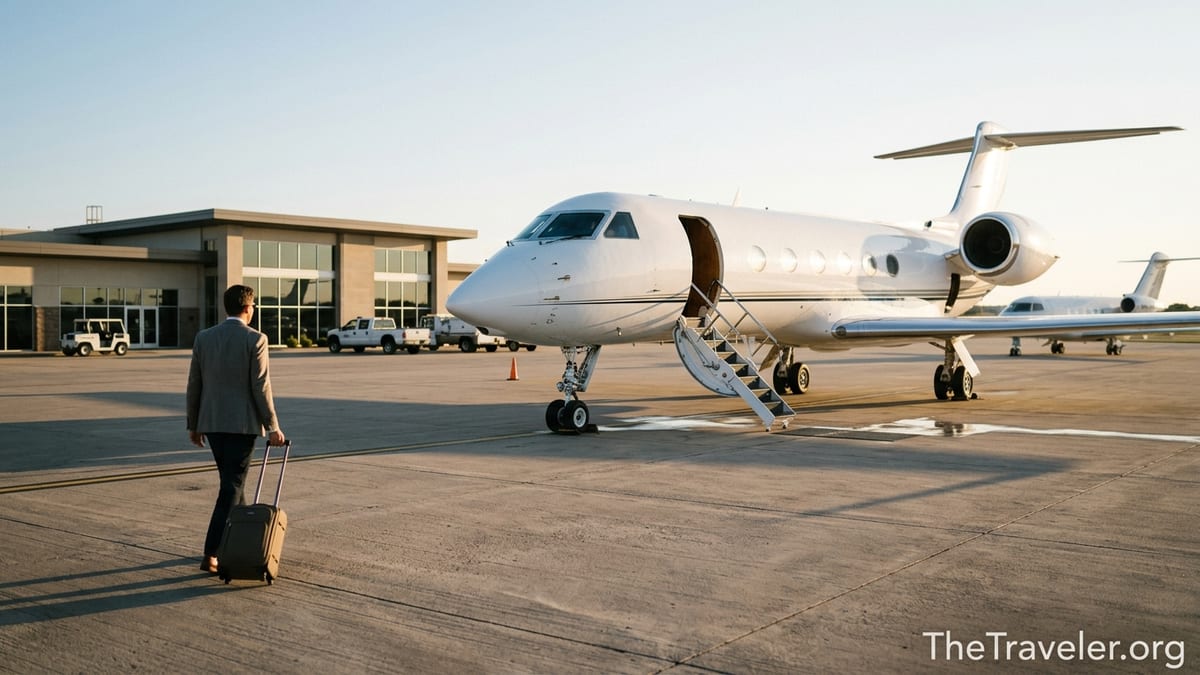 Traveler walking toward a private jet at a sunlit executive airport terminal