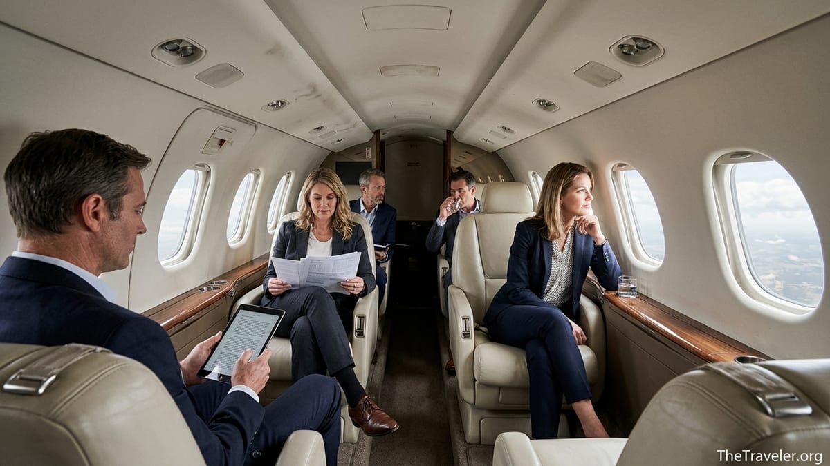 Business travelers seated in a NetJets private jet cabin working and relaxing in soft natural light.