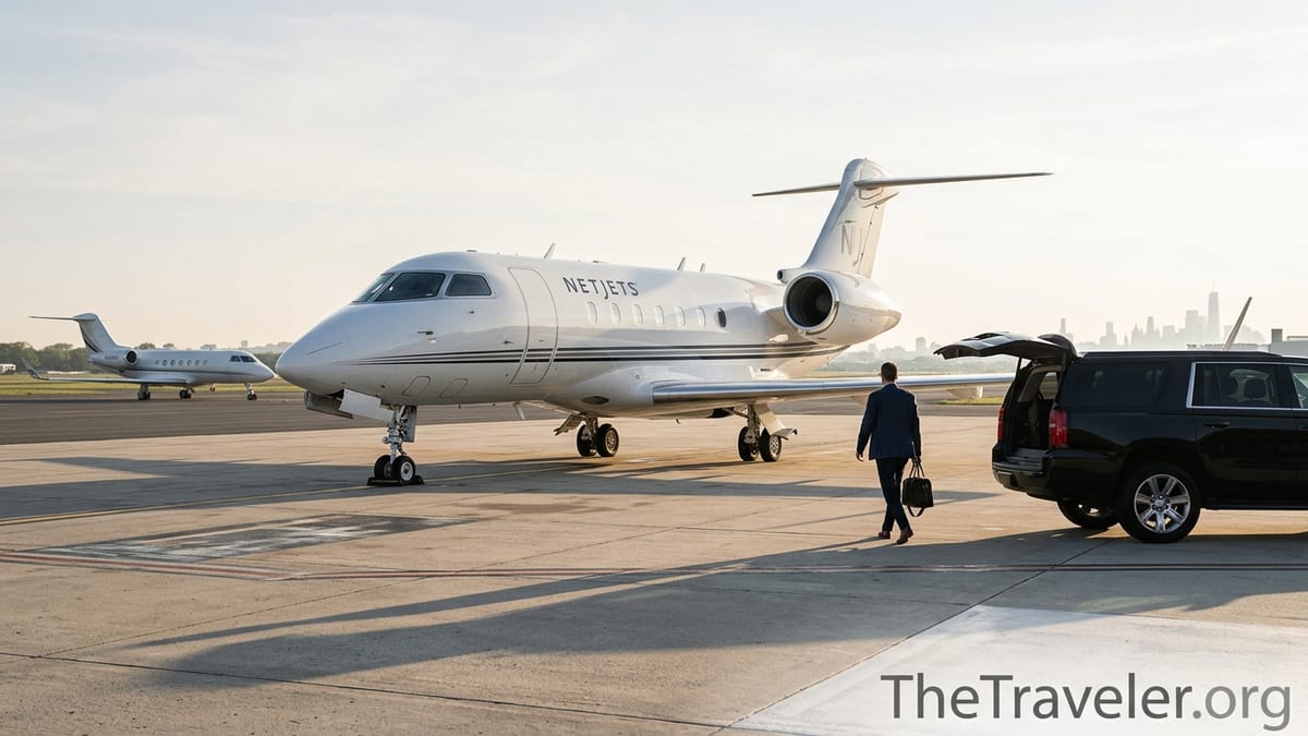 Traveler walking toward a NetJets private jet at sunrise on a quiet airport ramp.