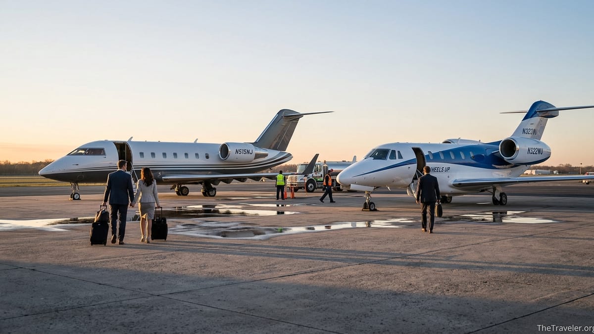 Two private jets for NetJets and Wheels Up parked side by side on a sunrise airport ramp.