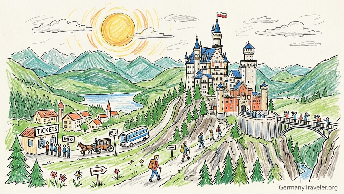 View of Neuschwanstein Castle from Marienbrücke with summer forests and valley.