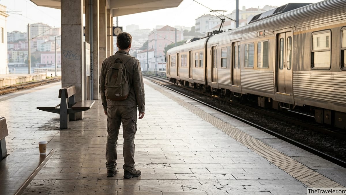 Traveler with backpack waits at sunlit Lisbon train platform as a regional train arrives.