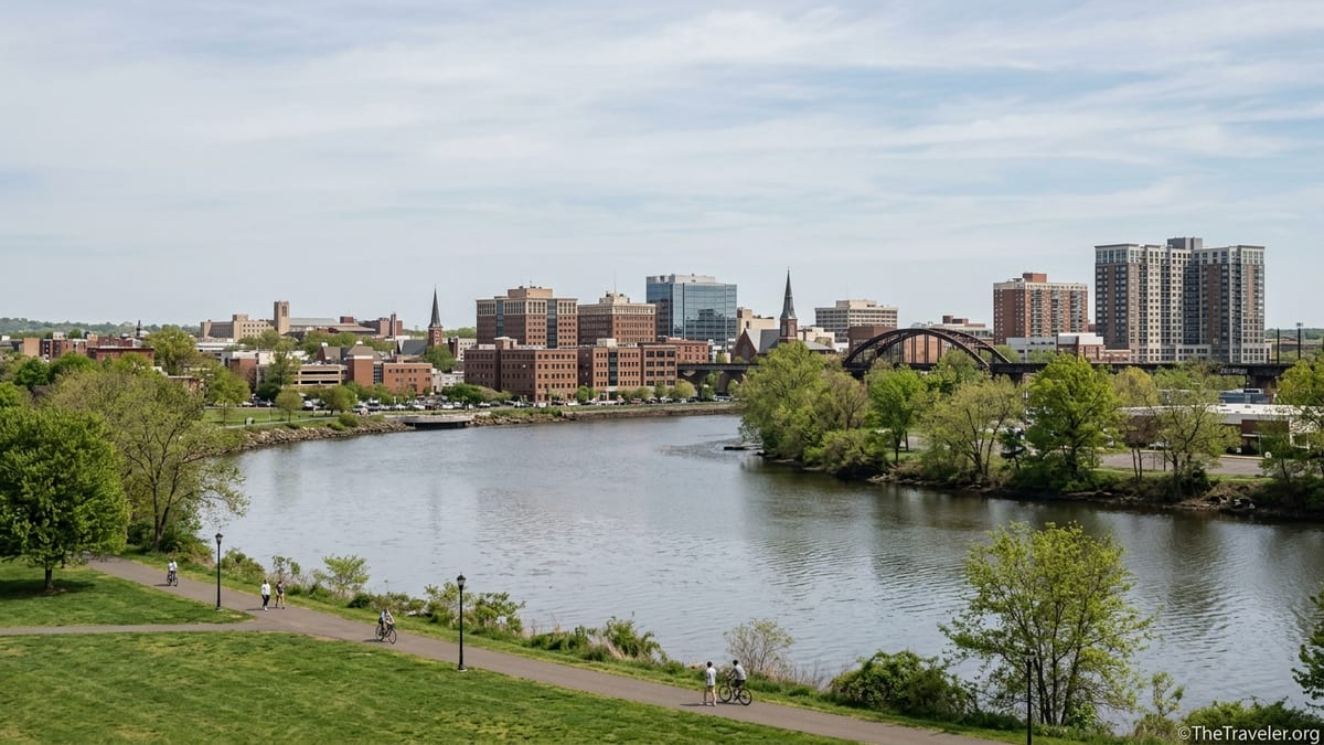 Raritan River and New Brunswick skyline viewed from green park on a clear day