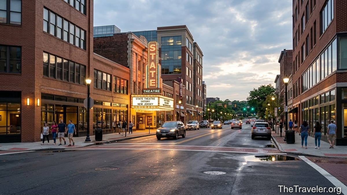 Evening street scene in downtown New Brunswick NJ with lit theater marquees and people walking.