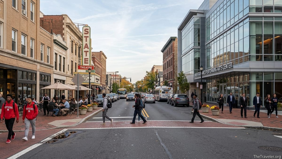 Downtown New Brunswick street with theaters, cafes and pedestrians on a sunny day