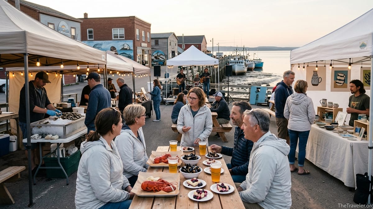 Evening waterfront market in New Brunswick with lobster, craft beer, and local art stalls.