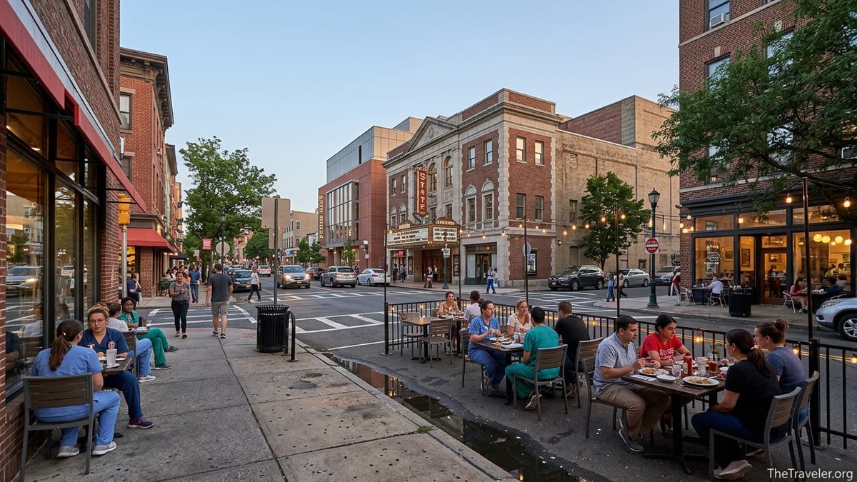 Early evening street scene on George Street in downtown New Brunswick with busy restaurant patios and theater facades.
